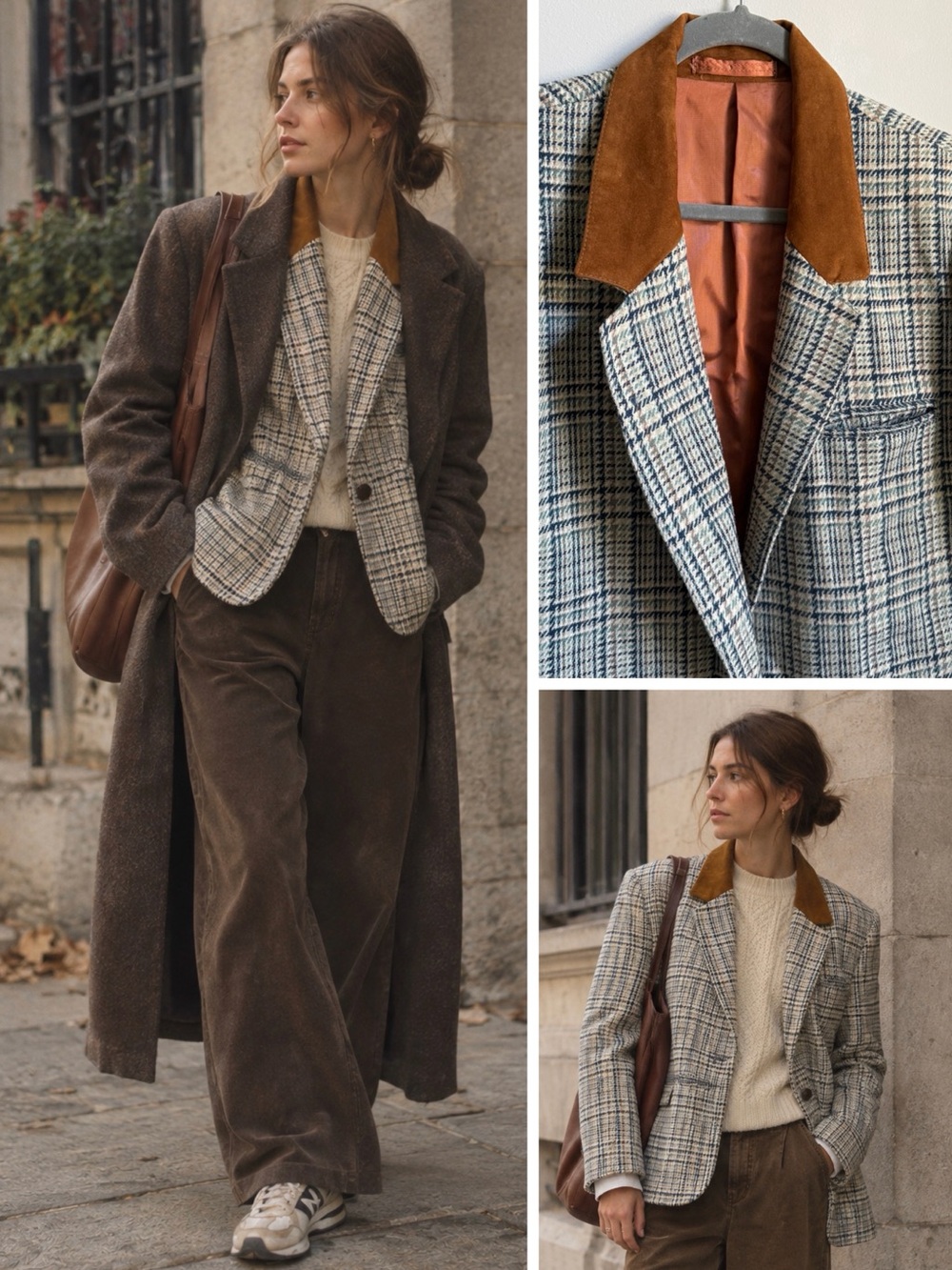 80s Tailored Wool Blazer Plaid Contrast Collar Structured Tweed Dark Academia